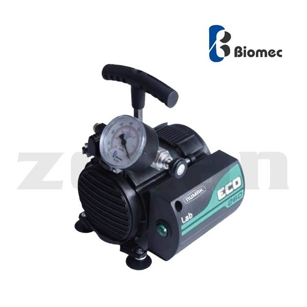 Bomba de vacío sin aceite para laboratorio con cobertura de Teflon alta resistencia química. Marca Biomec, modelo ECO 260 LAB PTFE