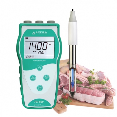 Medidor de pH (pHmetro) portátil para carnes y muestras de alimentos, equipado con sonda de punta LanSen 763, marca Apera, modelo PH850-MT