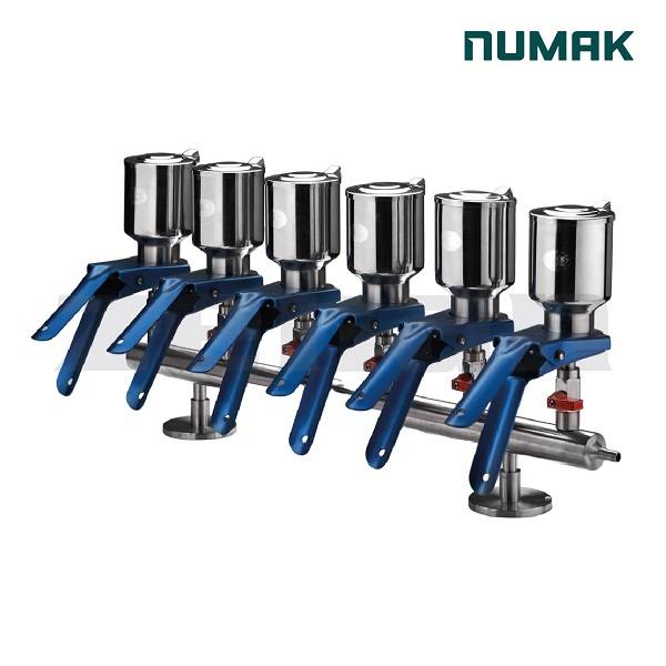 Manifold de 6 bocas en acero inoxidable con embudos de 300 ml en acero inoxidable. Marca Numak