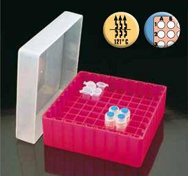 Gradilla en PL rojo 9 x 9 altura 45 mm,  para 81 microtubos. Marca Deltalab, modelo M-020R