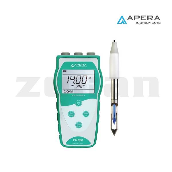 Medidor de pH (pHmetro) portátil para carnes y muestras de alimentos, equipado con sonda de punta LabSen 763 tipo lanza. Marca Apera, modelo PH850-MT